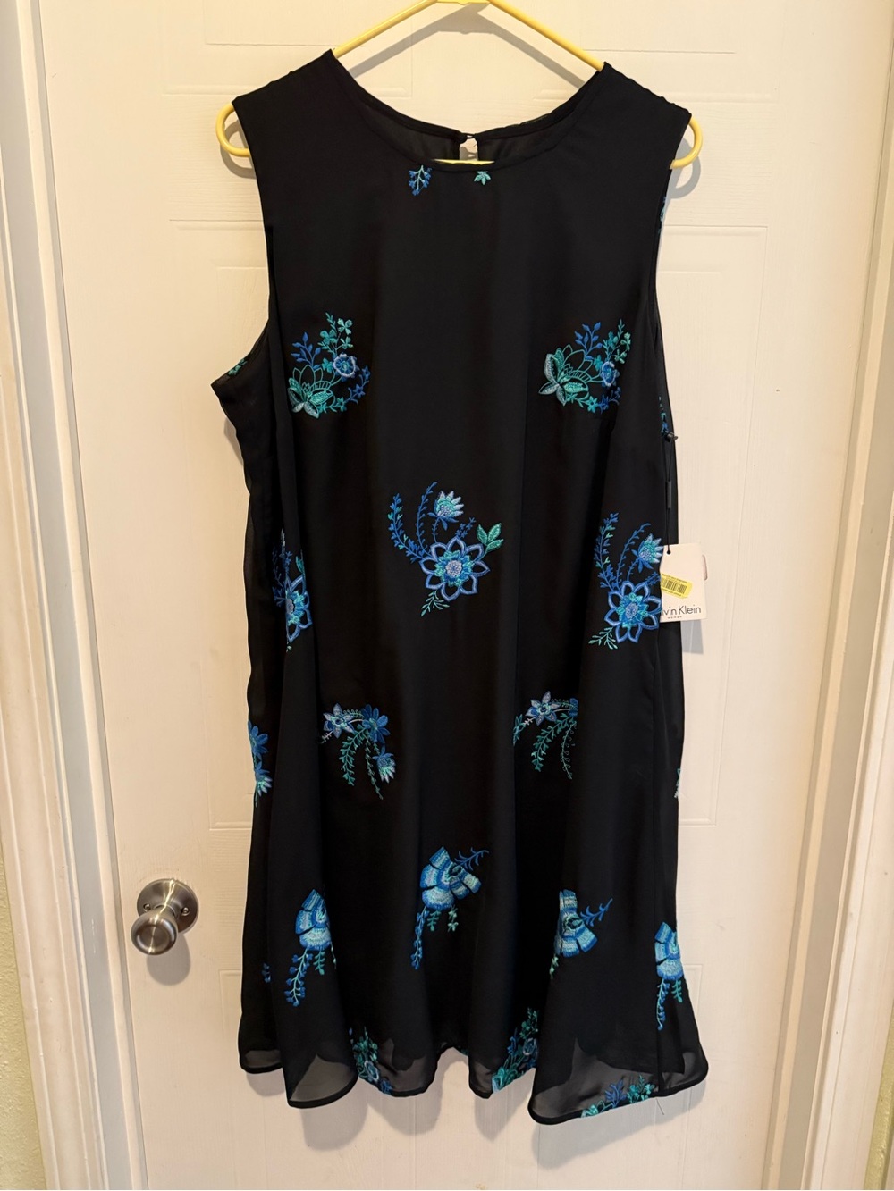 Calvin Klein Black Mini Dress with Blue Floral Embroidery